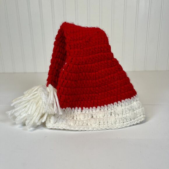 Santa Christmas Hat Hand Knit Red W/White Tassel Pompom Newborn-3 Mo. Photo Wear - Picture 1 of 4